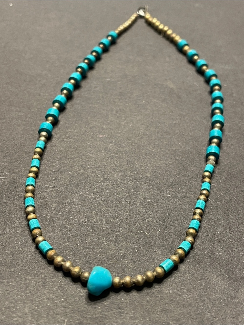 Vintage Southwestern Turquoise Heishi & Antiqued Brass Beaded Choker Necklace